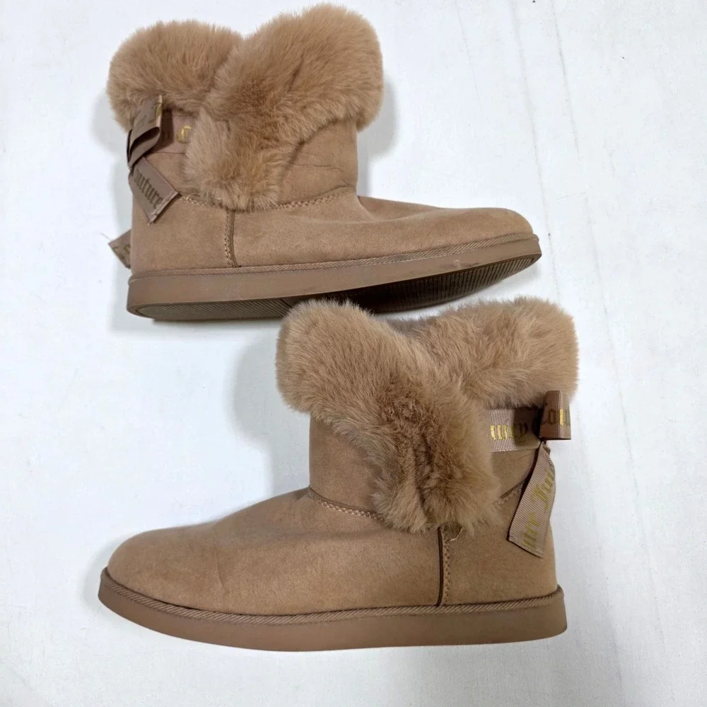 Juicy Couture King Boots Womens 9.5 Tan Faux Fur Bow Back Winter Ankle Booties